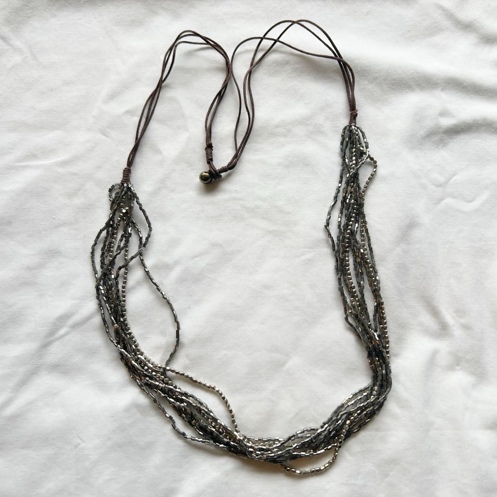 Silver Tone Multi-Strand Beaded Necklace | Boho Layered Long Necklace